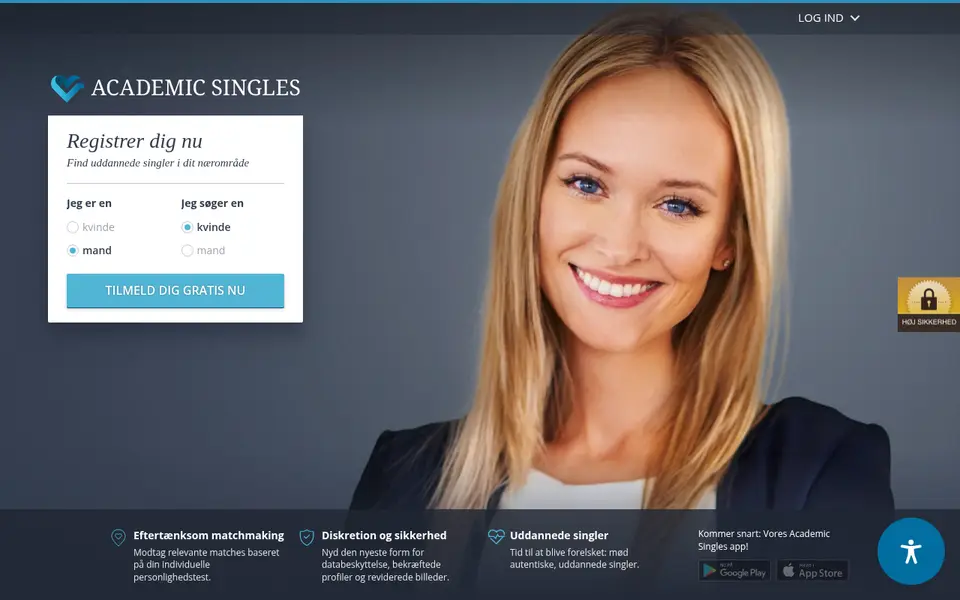 Academic Singles anmeldelse: forsiden af academicsingles.dk med gratis tilmelding for uddannede singler