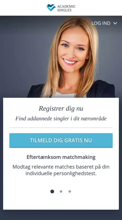 Academic Singles anmeldelse på mobil: forsiden i browseren, hvor appen står som kommer snart