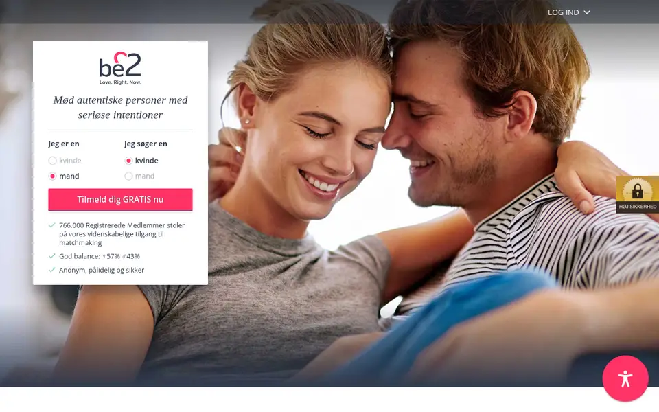 be2 anmeldelse: forsiden af be2.dk med tilmelding og be2s egne medlemstal