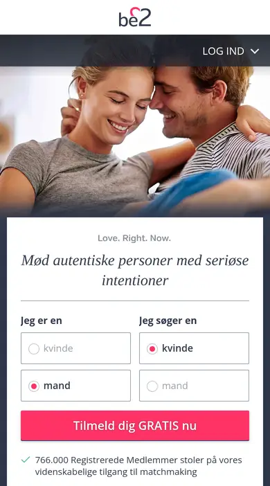 be2 anmeldelse: be2.dk på en mobil med valg af køn og gratis tilmelding