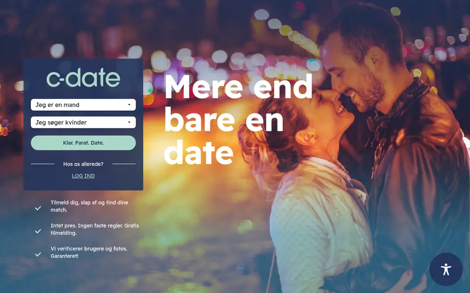 C-Date anmeldelse: forsiden af c-date.dk med gratis tilmelding og løftet om at verificere brugere og fotos