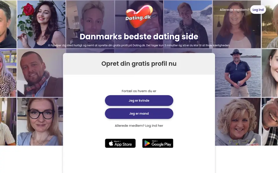 Dating.dk anmeldelse: forsiden med tilmelding som kvinde eller mand