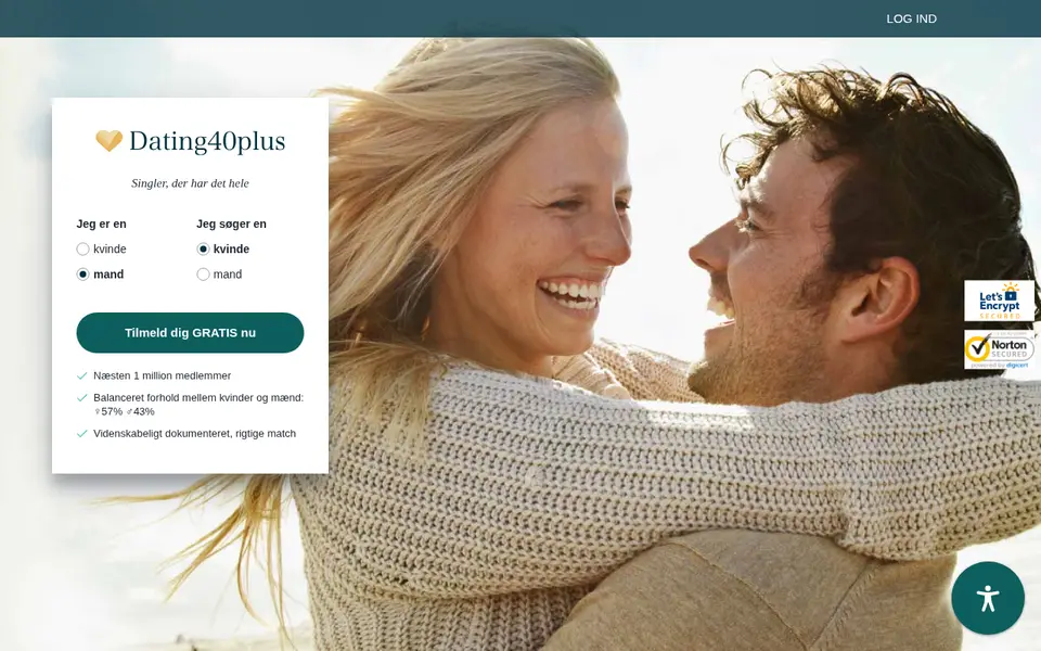 Dating40plus anmeldelse: forsiden af dating40plus.dk med sloganet Singler, der har det hele