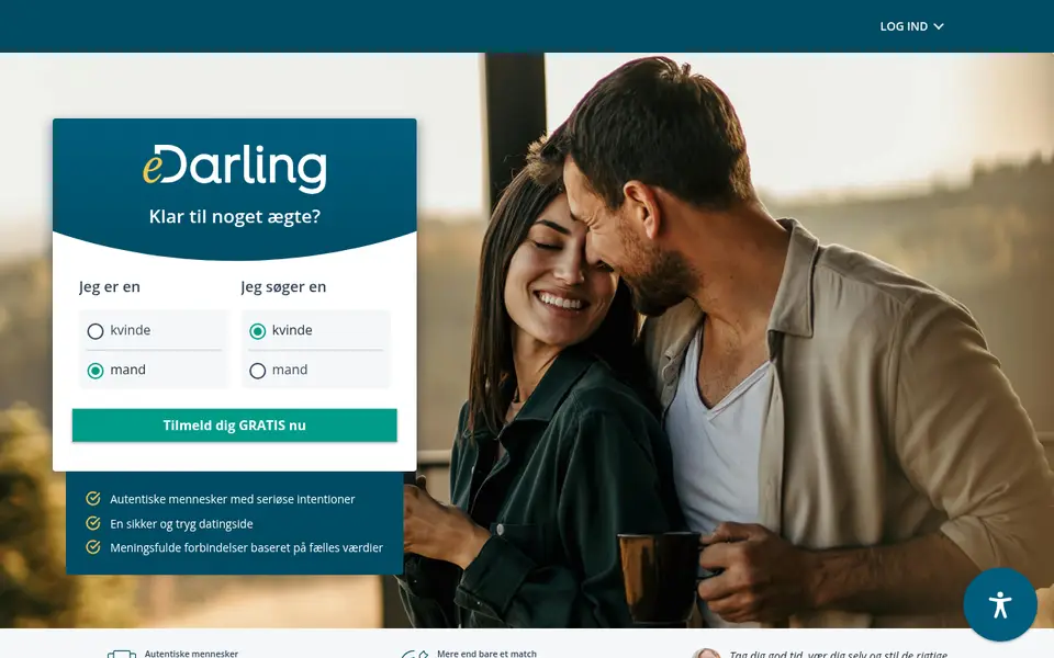 eDarling anmeldelse: forsiden af edarling.dk med «Klar til noget ægte?» og gratis tilmelding